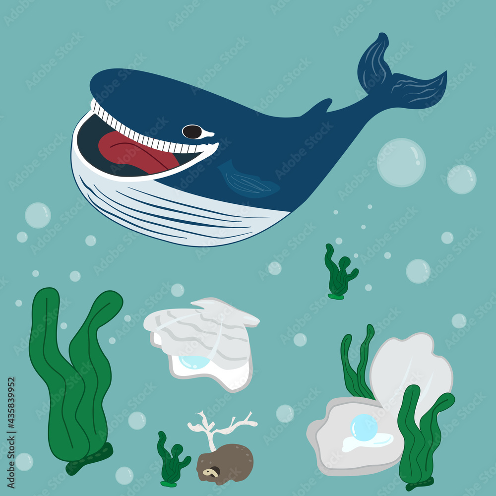 Obraz premium Whale smiling in the sea Under the pearl cartoon cute.Cute happy ocean whale.seaweed and air bubbles.vector ,illustration.