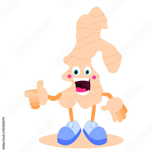 Cartoon ginger. Ginger root with face, arms and legs. Healthy and nutritious food. Vector image.