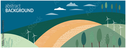 Abstract agricultural field landscape banner background. Nature, ecology, organic, environment vector illustration. Web banner or template of clean green environment. Countryside with colorful texture