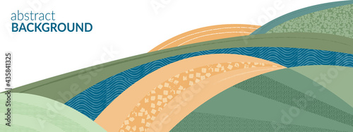 Abstract agricultural field landscape banner background. Nature, ecology, organic, environment vector illustration. Web banner or template of clean green environment. Countryside with colorful texture