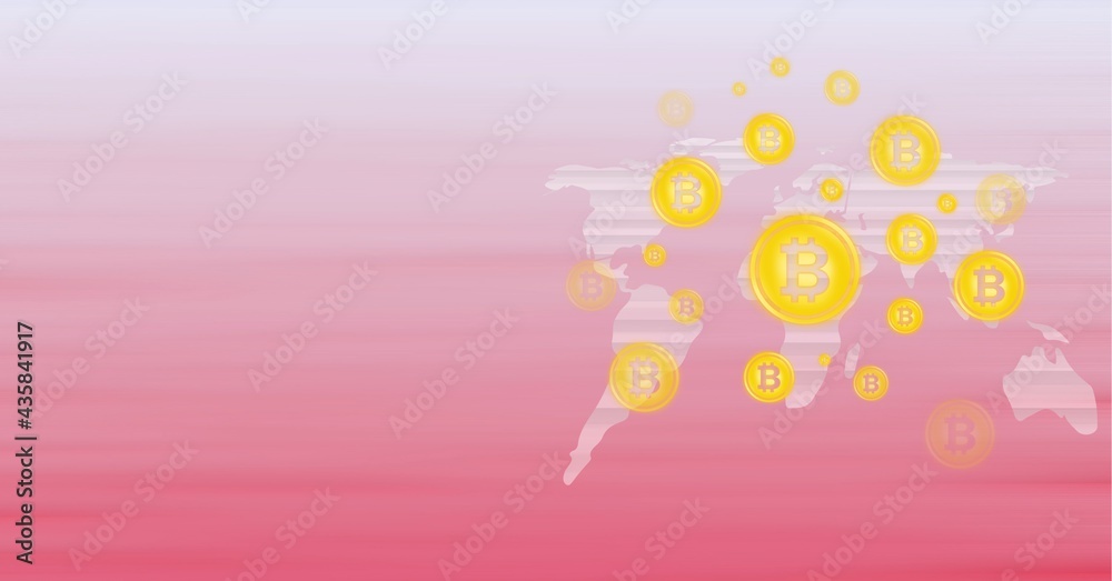 Composition of bitcoin symbols over connections and world map on pink background