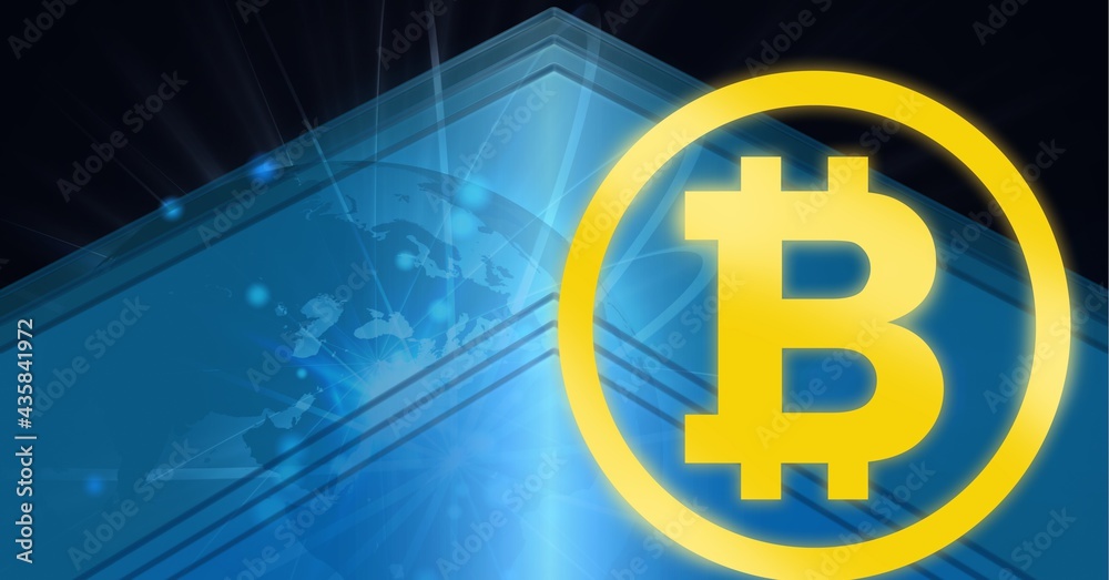 Composition of bitcoin symbol over connections and globe on blue background Composition of bitcoin symbol over connections and globe on blue background