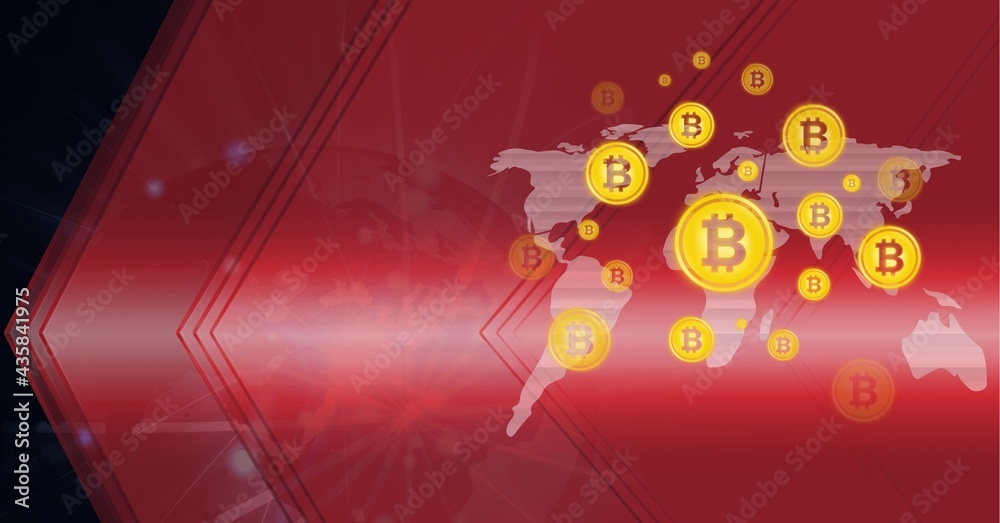 Obraz premium Composition of bitcoin symbols over connections, globe and world map on red background