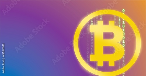 Composition of bitcoin symbol over binary coding on purple background