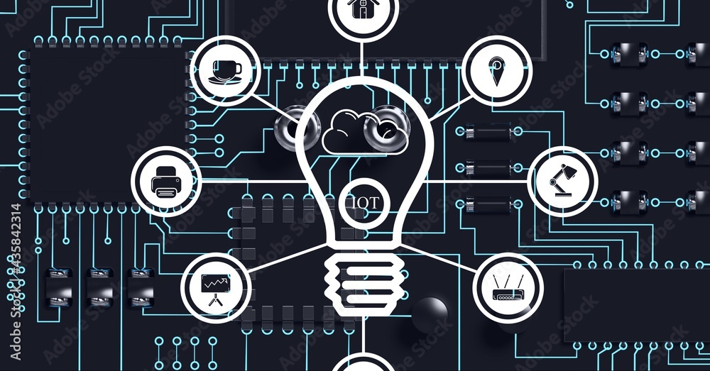 Composition of light bulb and network of digital icons over computer processor