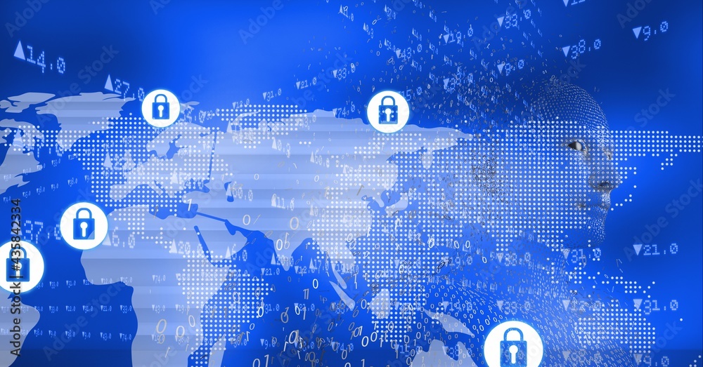 Obraz premium Composition of network of digital padlock security icons over data and human bust