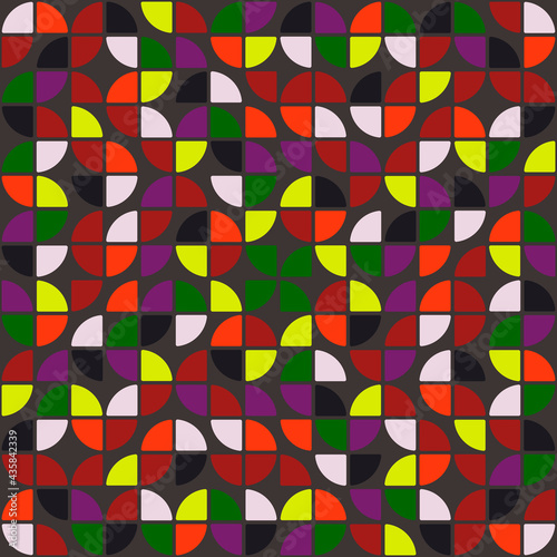 Multicolor quarters pattern. Vector seamless quarter of cirlces ornament. Colorful and same quarters.