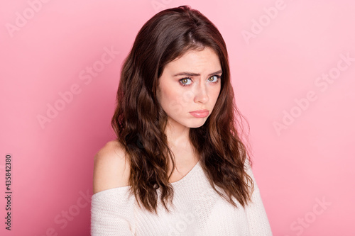 Profile side photo of young girl unhappy sad upset sorrow depressed trouble offended isolated over pastel color background