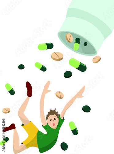 A jar of medicines. The little man falls out of the tube of pills. Pharmaceuticals and Medicines, Drug dependence. Vector illustration.