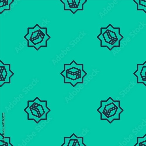 Blue line Kaaba mosque icon isolated seamless pattern on green background. Kaaba hajj Mecca pray pilgrimage Ramadan Islam muslim mosque. Vector