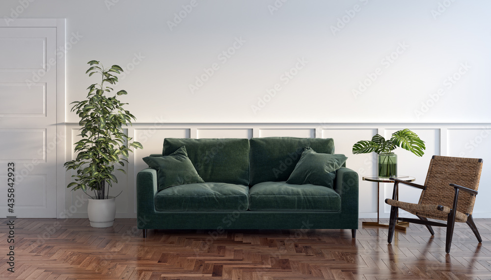 Fototapeta premium Illustration 3D rendering large luxury modern bright interiors Living room mockup computer digitally generated image