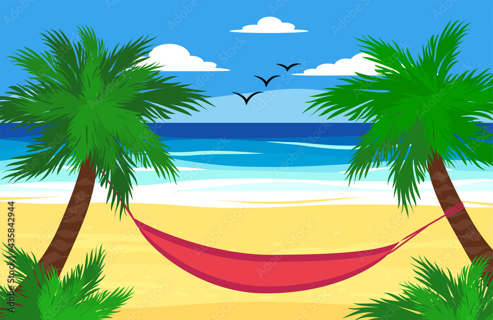 Fototapeta premium Beach things and old surfboard with greeting - summer holidays vector illustration