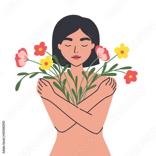 Mindset conceptual illustration. Woman hugging herself with love and compassion. Naked female body and flowers which symbolize self love and body acceptance. Flat vector design
