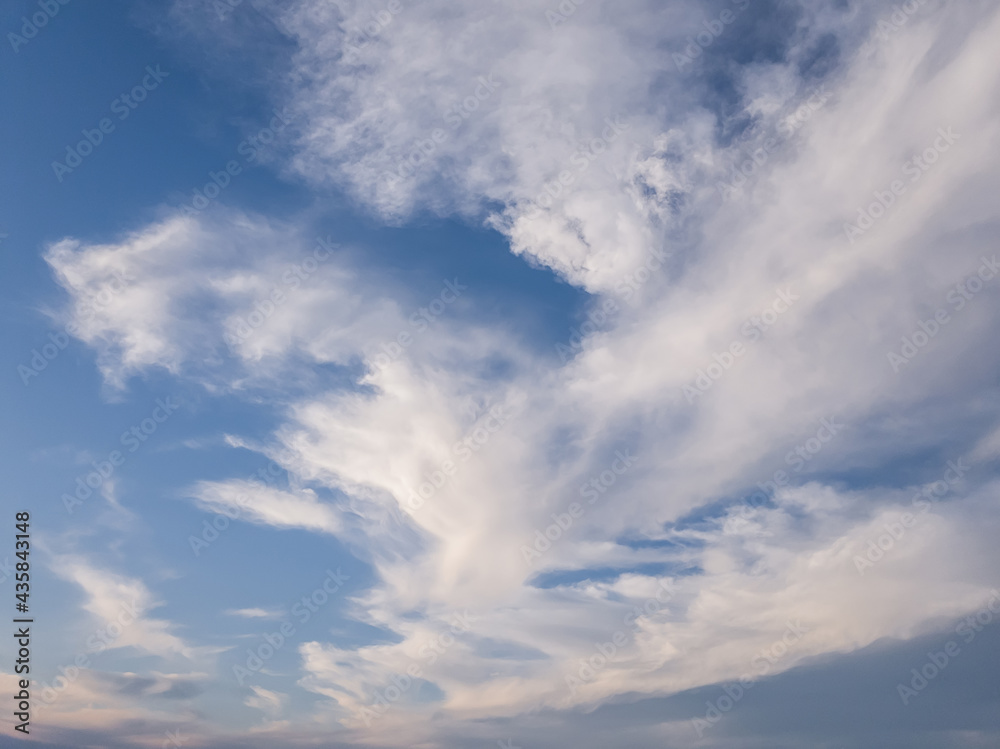 Panoramic cloudscape scene over the blue sky. Fluffy white clouds aerial composition. Misty overcast cumulus shapes, abstract nebula textures. Air fresheners, celestial beauty