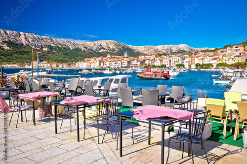 Town of Baska cafe and waterfront view. Island of Krk