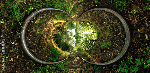 Stereographic projection of a a railroad with trees. 360 degree panorama. Tunnel panorama. photo