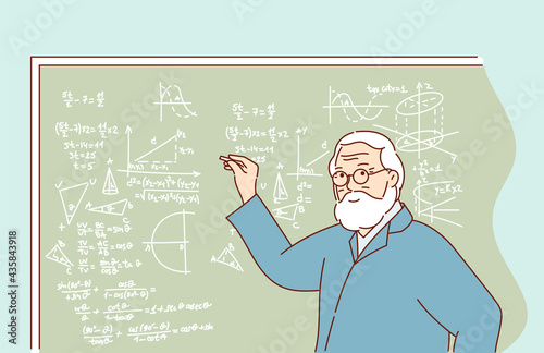 Knowledge, training and education and science concept. Professor explaining seminar lecture topic using drawing diagram on class blackboard