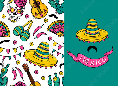 Mexican seamless vector pattern with sugar skulls, flowers, guitar, cacti, mustache on white background. A pattern for a holiday. Viva mexico postcard. Vector illustration