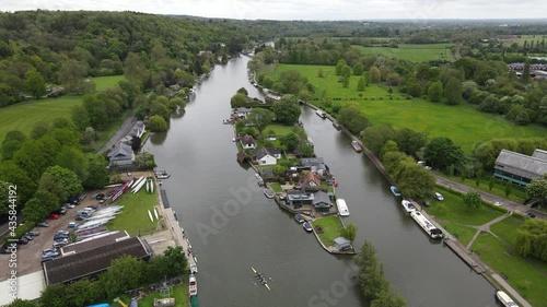 Rod Eyot island on River Thames UK at Henley aerial footage in summer photo