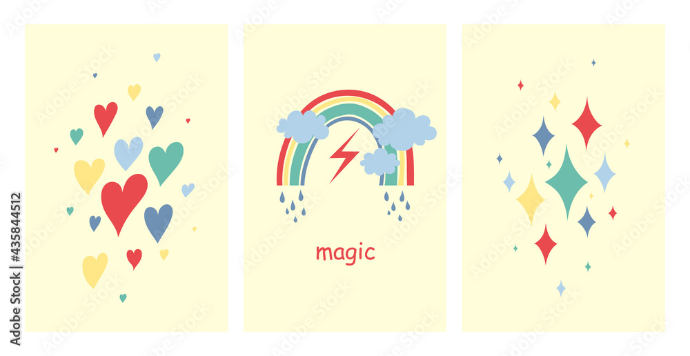 Scandinavian boho rainbows set greeting card with clouds, stars, drops, crescent in pastel colors. Vector illustration EPS10