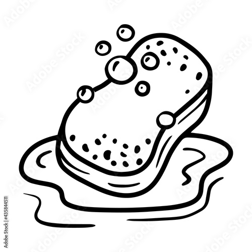 Sponge for washing dishes with foam, water and bubbles. Linear hand-drawn icon.