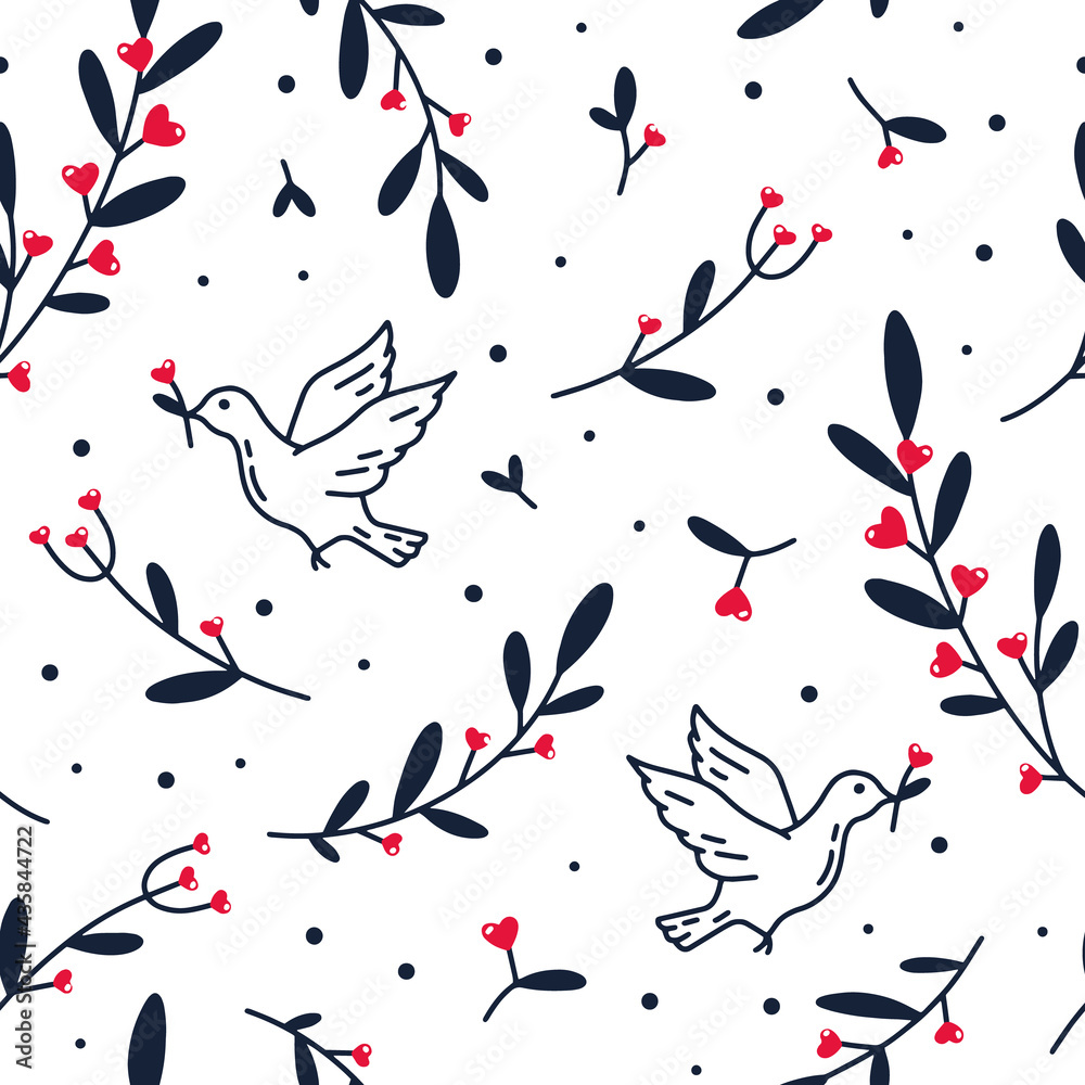 Fototapeta premium Vector seamless pattern of pigeon with flowers and hearts