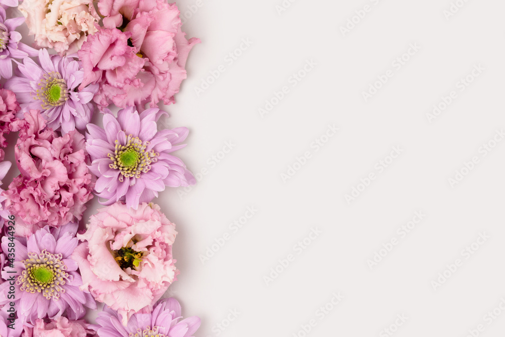 Frame made of eustoma and aster flower texture on a gray background. Greeting card concept for springtime holidays. Delicate floral composition. Frame made of eustoma and aster flower texture on a gray background. Greeting card concept for springtime holidays. Delicate floral composition.