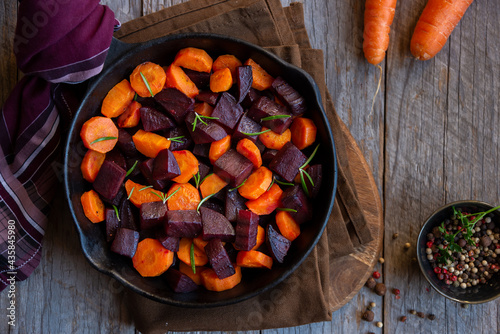 Cooked beets and carrots, healthy vegetarian dish