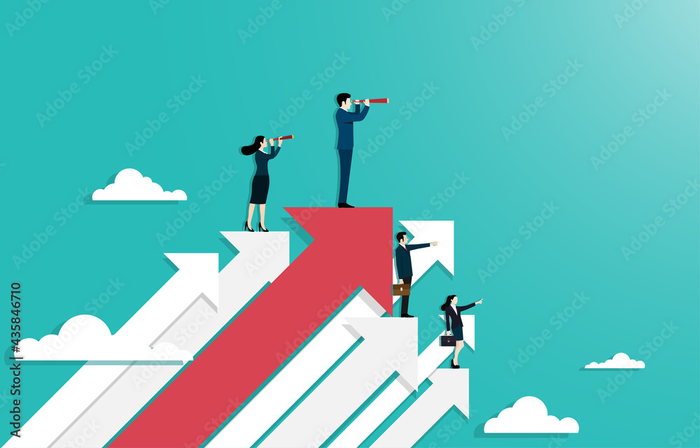 Businesspeople stand on top arrows use binocular looking to the success - obrazy, fototapety, plakaty 