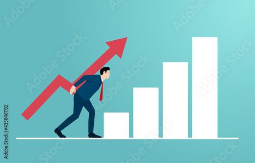 Concept of leadership and career. cartoon character businessman climbing up the ladder with arrows for a symbol of success