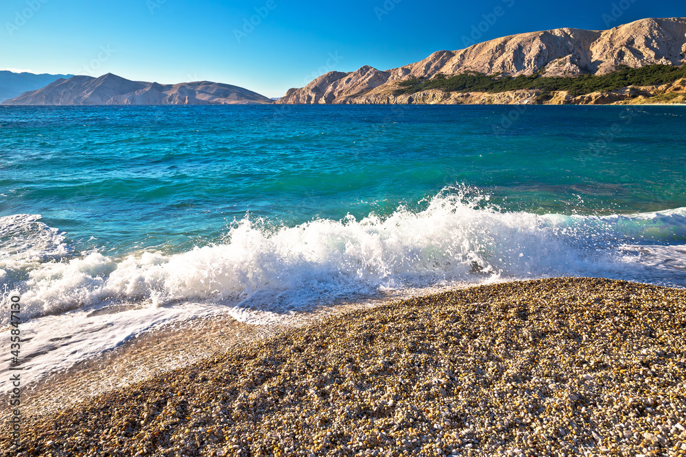 Baska. Idyllic pebble beach with high waves in town of Baska Baska. Idyllic pebble beach with high waves in town of Baska