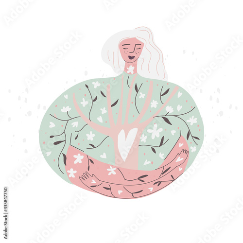 Woman with floral pattern on her clothes and body. Harmony of nature and people, vector illustration
