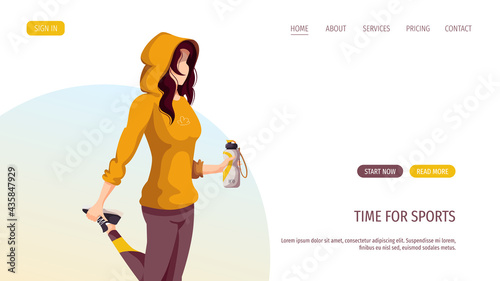 Woman in sportswear with a bottle. Sport, Workout, Healthy lifestyle, Fitness, Training, Running concept. Vector illustration for poster, banner, advertising, website.
