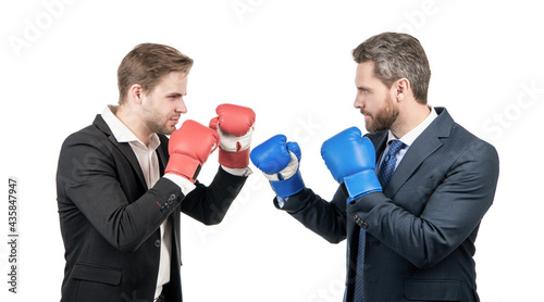 Εκτύπωση καμβά two businessmen in boxing gloves fight for leadership isolated on white, corpora