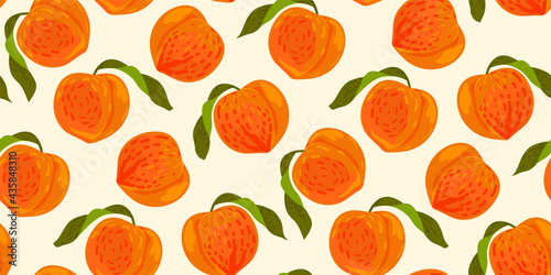 Peaches seamless pattern design. Vector tropical juicy fruit background.