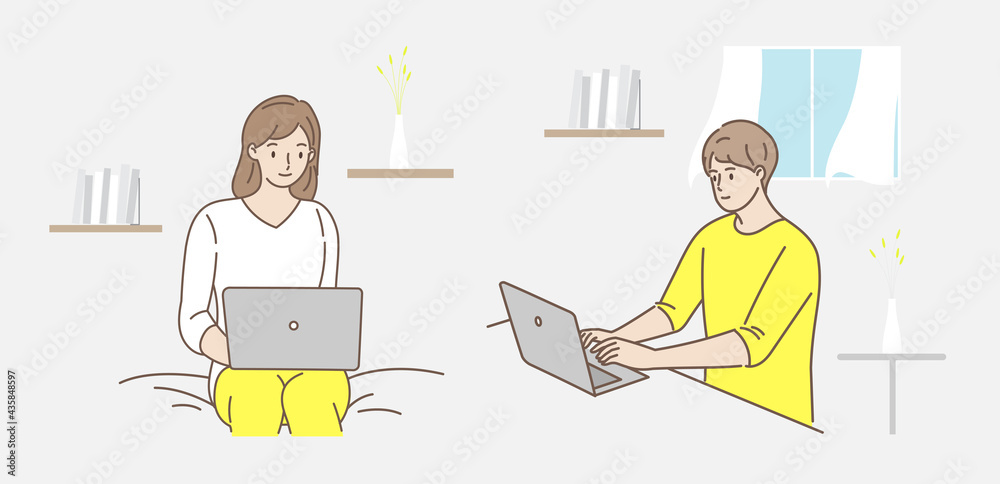 Set of people freelancers working on laptops, notebook or computers at home. People at home in quarantine. Working at home, coworking space, concept illustration. Hand draw style. Vector illustration.