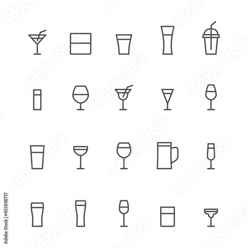 Drink icons line set. Glass outline group. Glassware linear collection. Сoffee, vodka, beer, champagne, wine, cognac, whiskey, martini and different cocktails beverages. Vector isolated on white