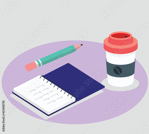 Coffee with notebook, working place Vector design