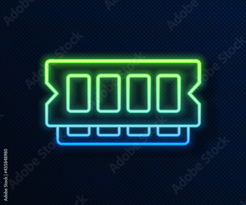 Glowing neon line RAM, random access memory icon isolated on blue background. Vector