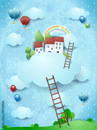 Fantasy landscape with stairways and village over the clouds. Vector illustration eps10