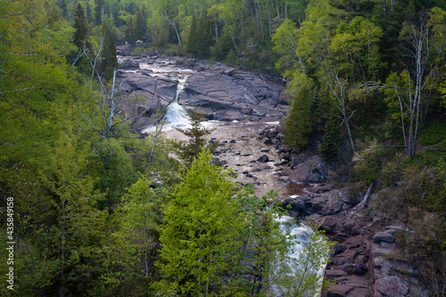 High angle view of waterfall along north shore of Lake Superior in Minnesota