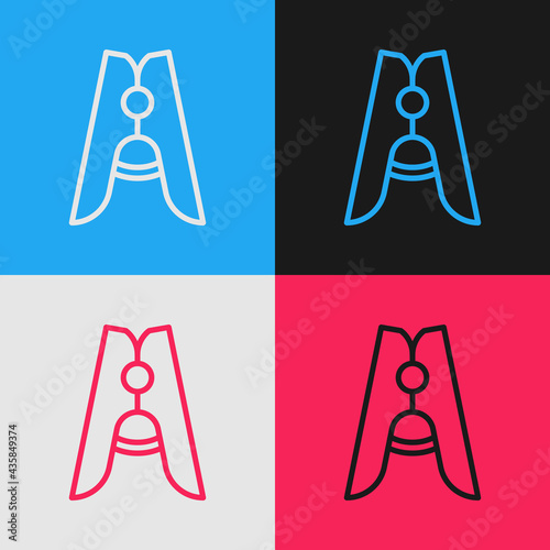 Pop art line Old wood clothes pin icon isolated on color background. Clothes peg. Vector