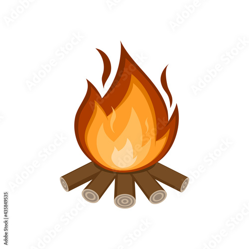 Cartoon illustration of colorful burning bonfire with wood. Camping fire, warning symbol. Isolated on white. Vector