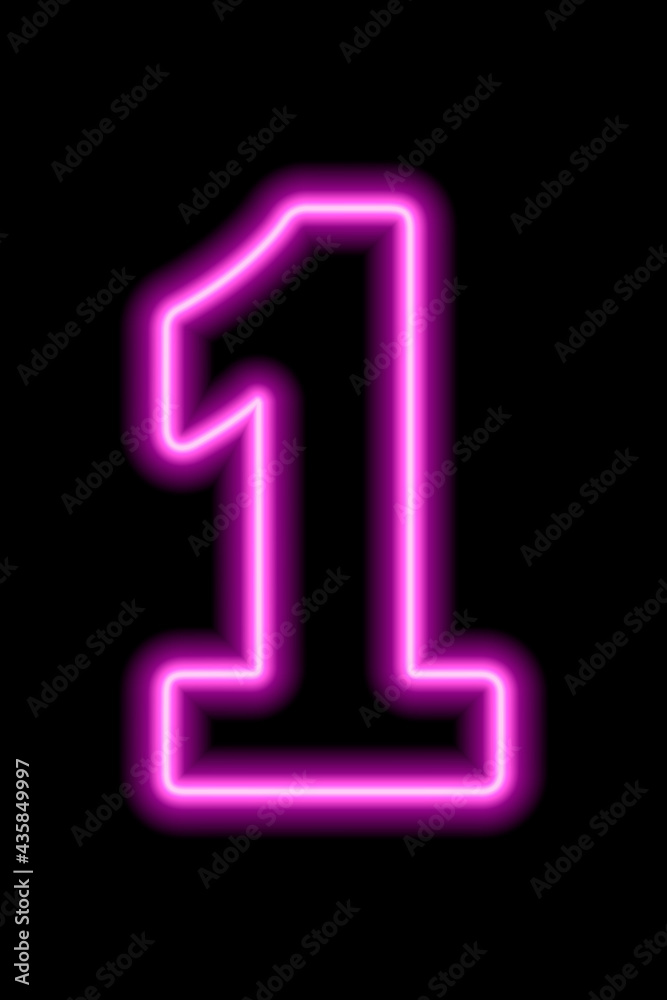 Neon pink number 1 on black background. Serial number, price, place Neon pink number 1 on black background. Serial number, price, place