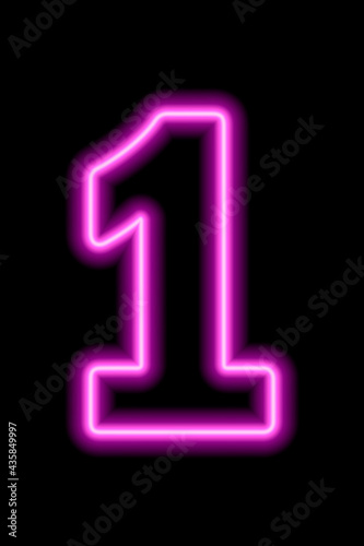 Neon pink number 1 on black background. Serial number, price, place