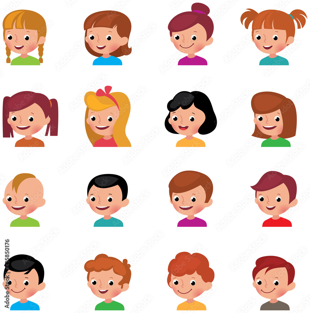Set of avatars of different boys and girls.Icon set portraits of boys and girls isolated on white background Set of avatars of different boys and girls.Icon set portraits of boys and girls isolated on white background
