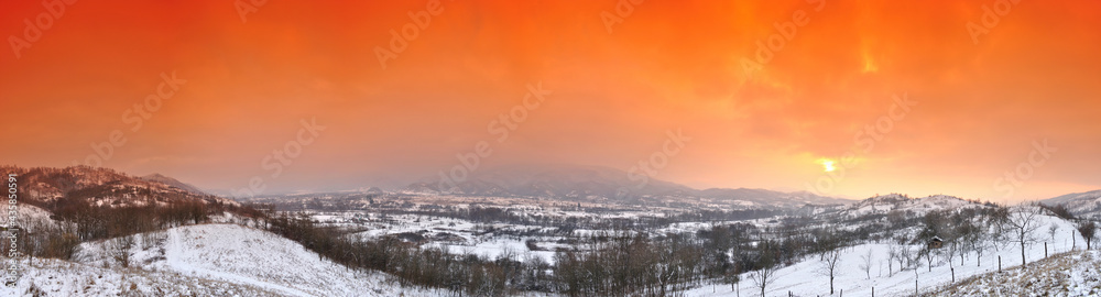 Winter sunset, orange sky filter used