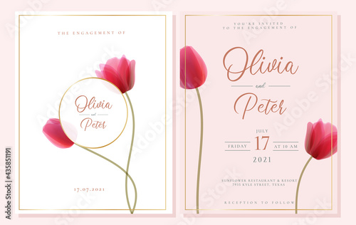 Elegant white and pink engagement invitation template with pink transparent tulips