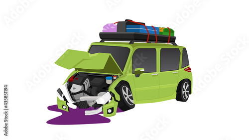 Family car for travel green color. Rack to store the full luggage. Accident in front of it was damaged. Severe fracture. Oil spills under the car. On isolated white background.