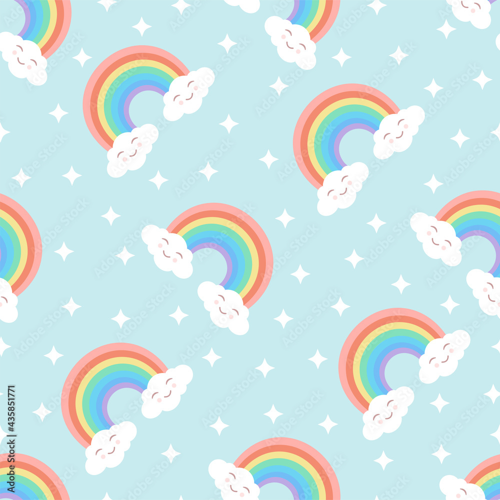 Seamless cartoon texture with rainbow, cute clouds and stars on a blue background. Vector illustration for fabrics, textures, wallpapers, posters, stickers, postcards. Editable elements.